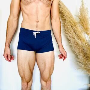 MENS 2XIST Navy Blue White Drawstring Tie Swimsuit Mini Swim Trunk Shorts L